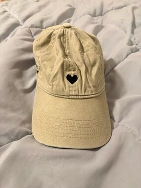 Beige Baseball Cap with Black Heart Embroidery